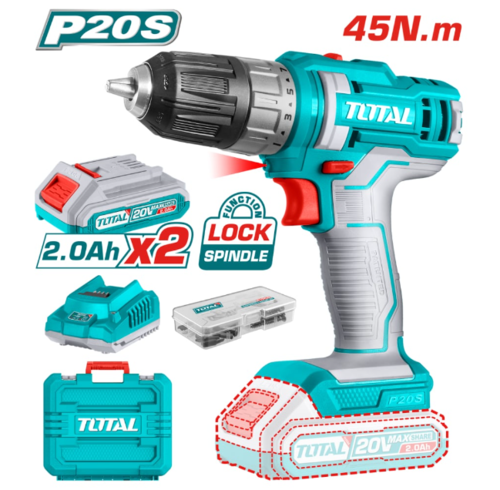 Акумулаторен винтоверт TOTAL Industrial, 20 V, 2 x 2.0 Ah Li-Ion, 45 Nm, + аксесоари