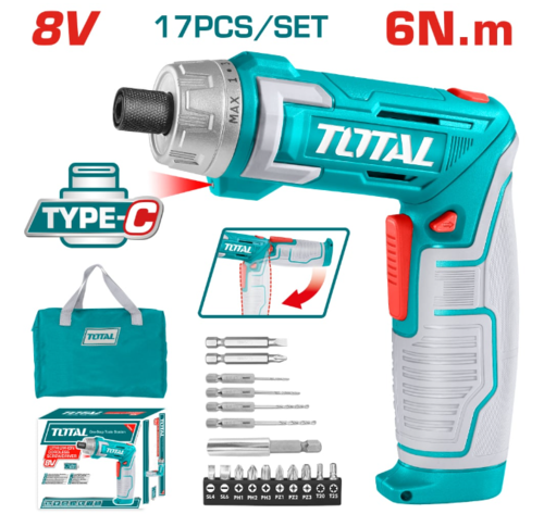 Акумулаторна отвертка TOTAL INDUSTRIAL, 1/4", 8 V, 6 Nm