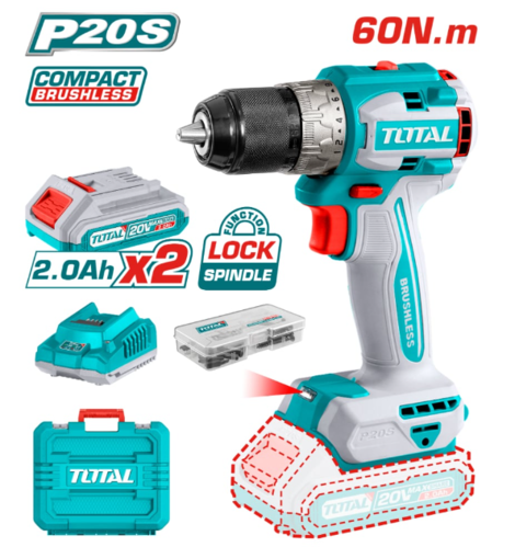 Акумулаторен безчетков винтоверт TOTAL Industrial, 20 V, 2 x 2.0 Ah Li-Ion, 60 Nm, + аксесоари