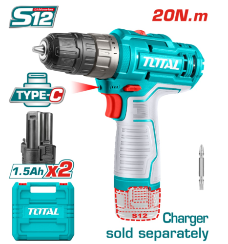 Акумулаторен винтоверт TOTAL, 12 V, 2 x 1.5 Ah, 20 Nm